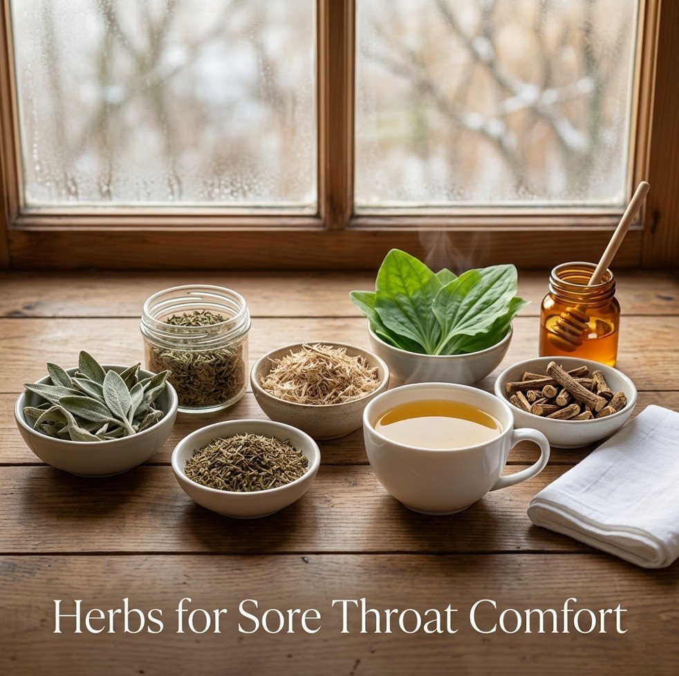 Dried sage, dried thyme, dried marshmallow root, fresh plantain leaves, and dried liquorice root for sore throat relief