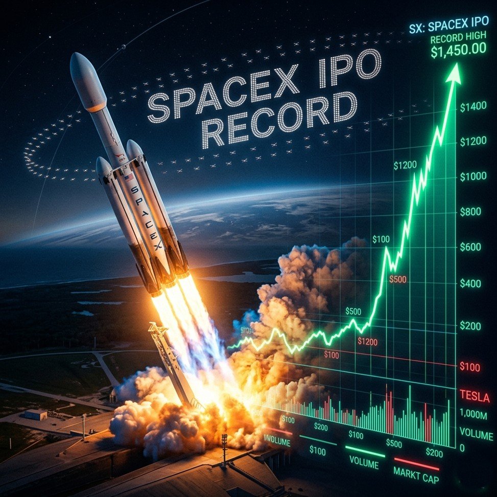 Dramatic illustration of a rocket launch transforming into a stock market graph, with the text 'SpaceX IPO Record' formed by satellite constellations