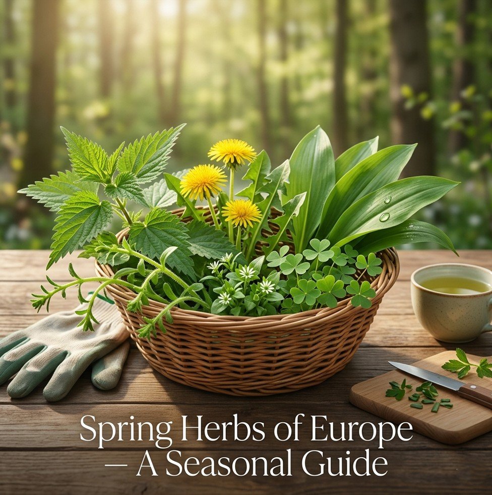 Freshly foraged European spring medicinal herbs including nettle, wild garlic, dandelion, and cleavers in a woven basket