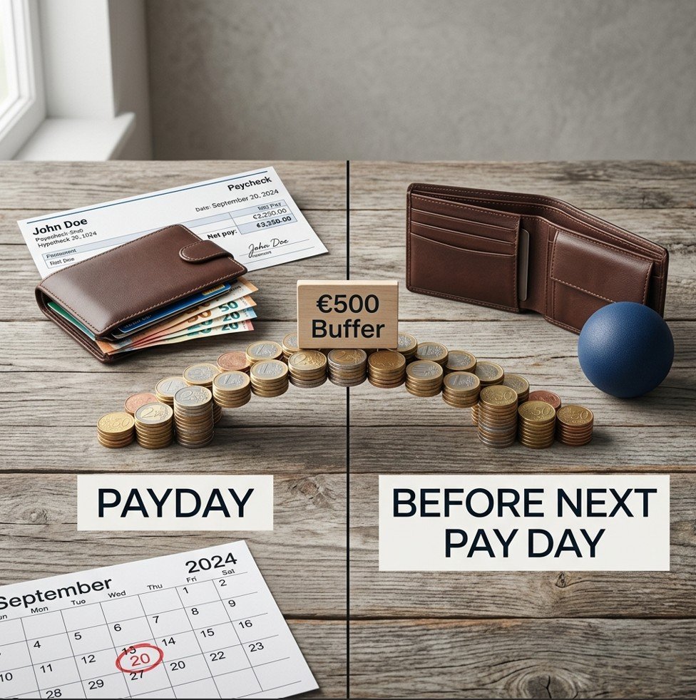 Two-column image with payday and before‑payday states, illustrating how to stop living paycheck to paycheck
