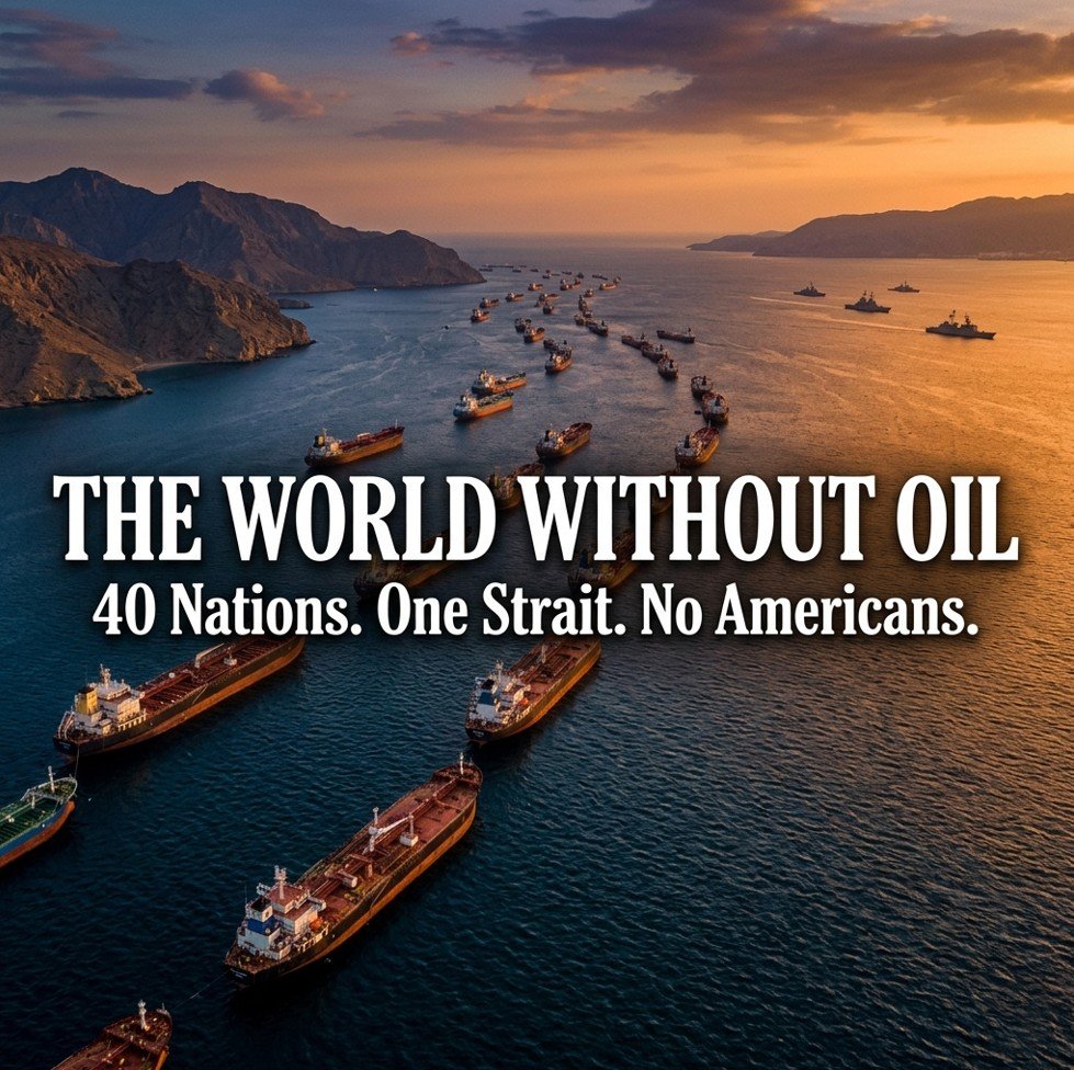 Strait of Hormuz blockade — oil tankers stranded, 40-nation coalition flags, April 2026