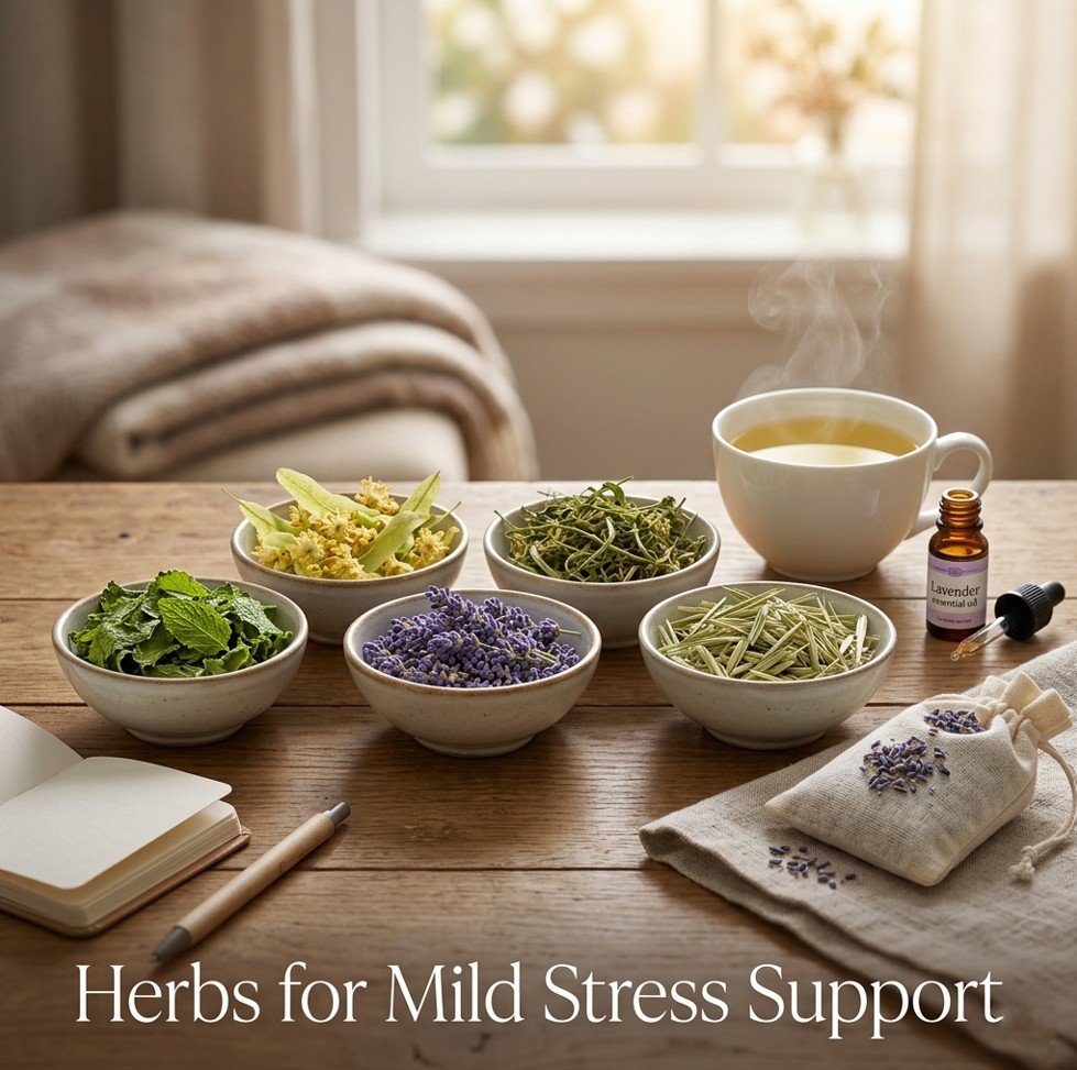 Lemon balm, linden flowers, lavender, passionflower, and oat straw for stress support