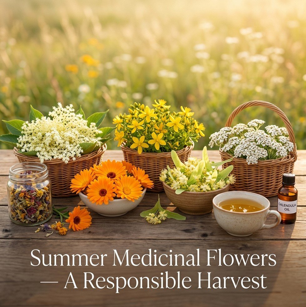 Five European summer medicinal flowers: elderflower, calendula, St. John's wort, linden, and yarrow on a wooden table