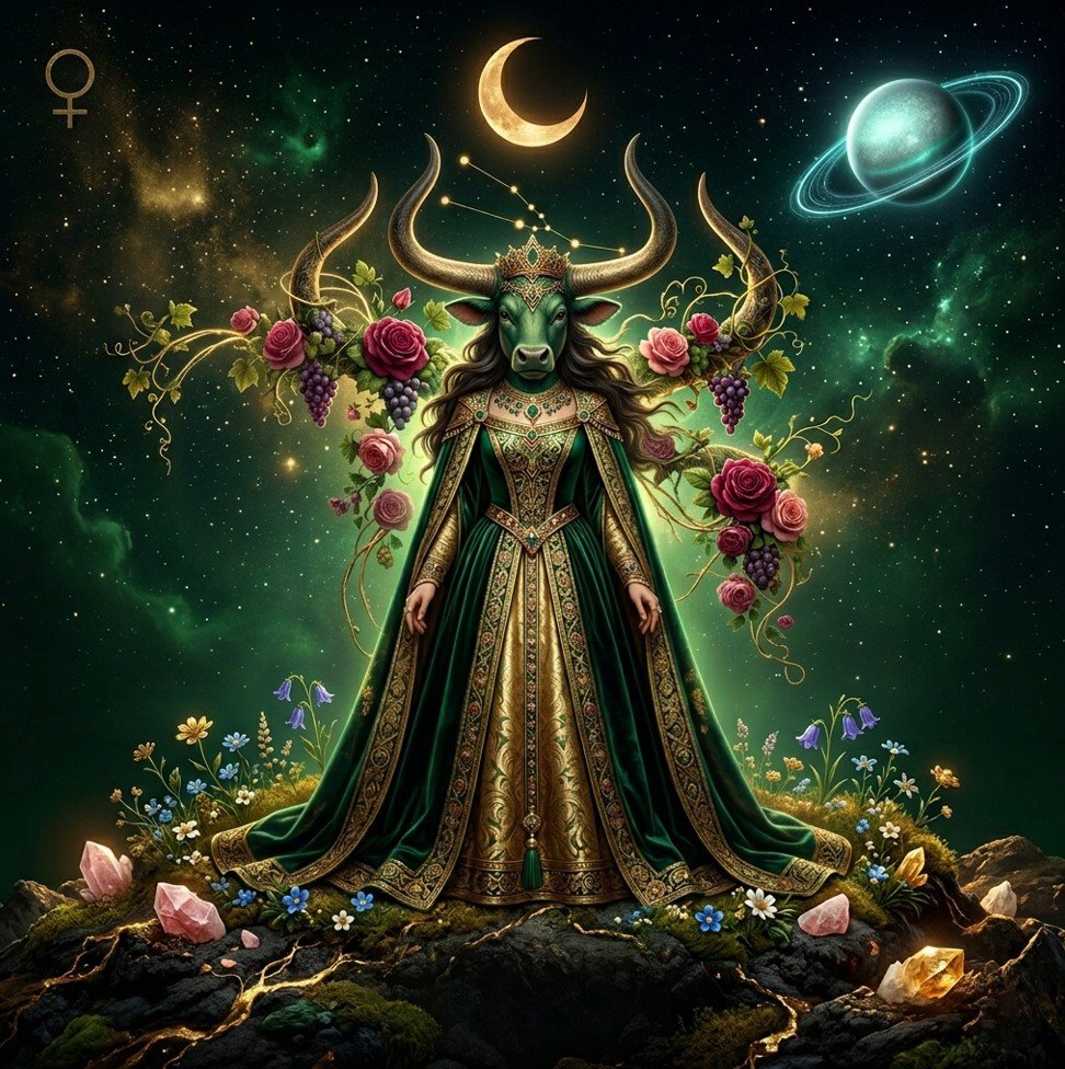 Taurus horoscope May 2026 — emerald bull cosmic cover art, New Moon Taurus, Uranus Gemini astrology