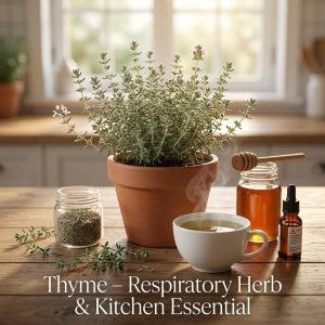 Thyme plant, dried thyme leaves, thyme tea, thyme honey, and thyme essential oil for respiratory health