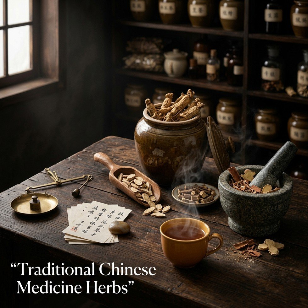 Traditional Chinese apothecary setup with ginseng roots, astragalus slices, licorice root, mortar and pestle, and brass scale — traditional Chinese medicine herbs used for centuries.