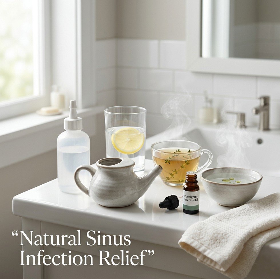 Neti pot, squeeze bottle, thyme tea, eucalyptus oil, steam bowl, and warm compress on a bathroom counter — ways to treat sinus infections naturally at home.