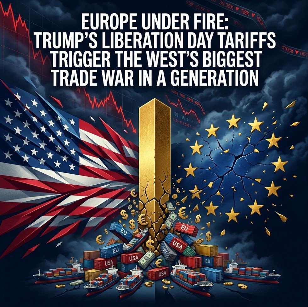 Trump Liberation Day tariffs 2026 — Europe and US trade war editorial illustration
