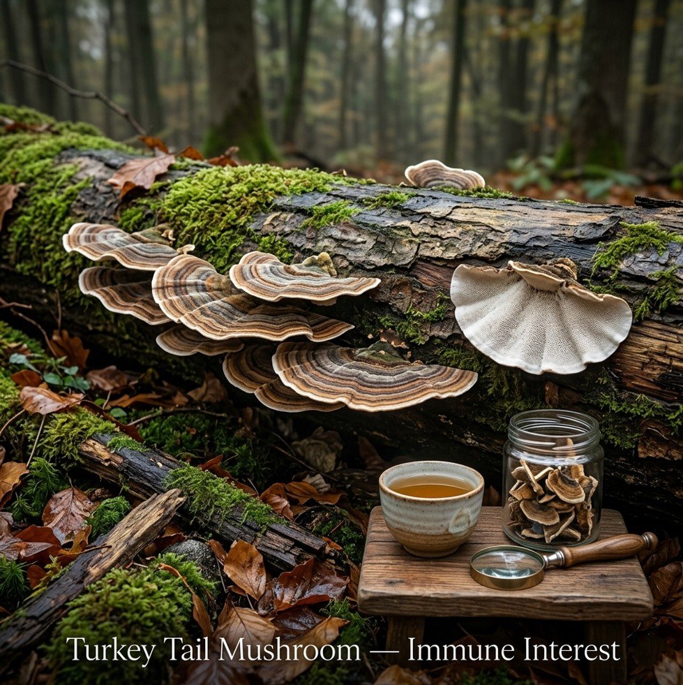Turkey tail mushroom (Trametes versicolor) growing on a log in autumn forest, with dried pieces and tea