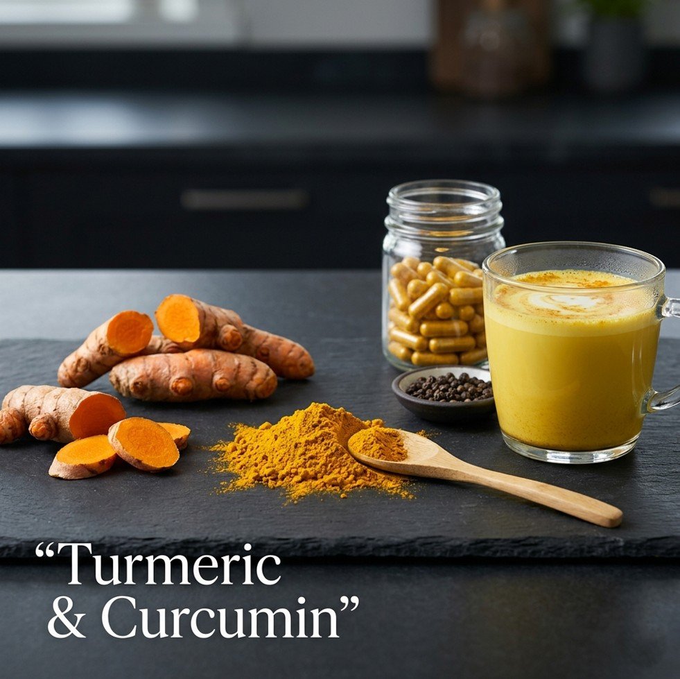 Fresh turmeric rhizomes, turmeric powder, black peppercorns, curcumin capsules, and golden milk on a dark slate surface — turmeric and curcumin as natural anti-inflammatory.