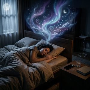 Person sleeping peacefully in dark bedroom with WiFi router turned off and smartphone on airplane mode, ethereal dream clouds floating above — why turning off WiFi at night restores REM sleep and vivid dreaming
