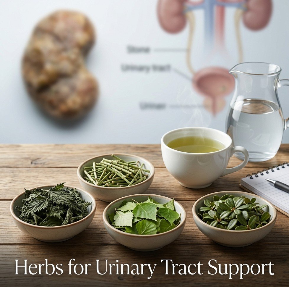 Dried nettle, horsetail, birch leaves, and uva-ursi leaves for urinary tract support