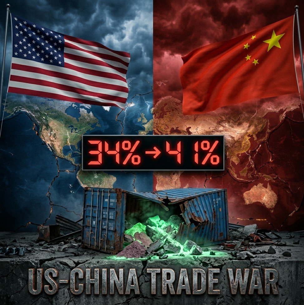 Split‑screen political illustration of the US-China trade war showing American and Chinese flags, fractured global map, and a “34% → 34%” tariff counter.