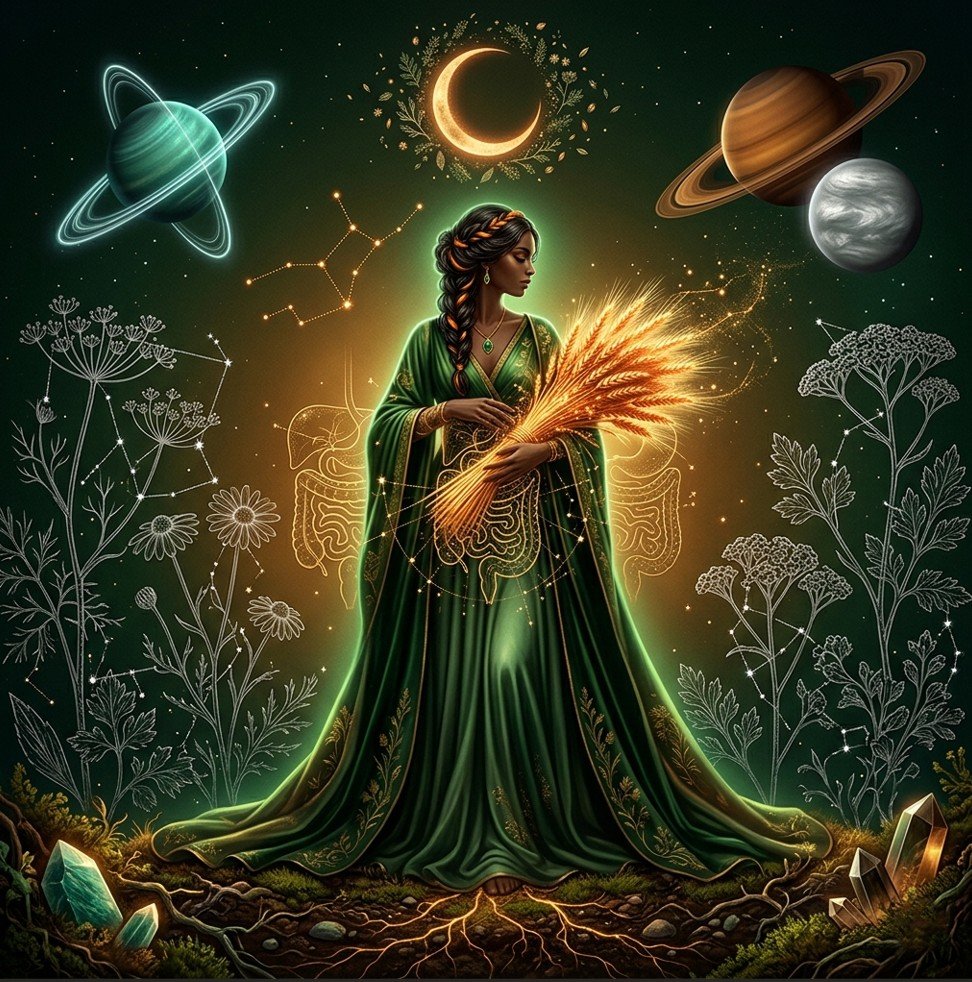 Virgo horoscope May 2026 — forest green figure with wheat, New Moon in Taurus 9th house, Uranus career house astrology
