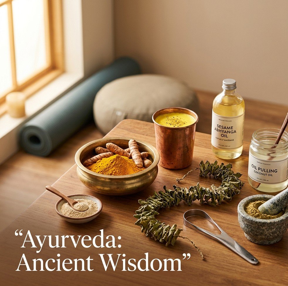 Brass bowl of turmeric, copper cup of golden milk, ashwagandha powder, tulsi leaves, sesame oil, tongue scraper, triphala, and coconut oil on a wooden table — what is Ayurveda and can it really heal your body.