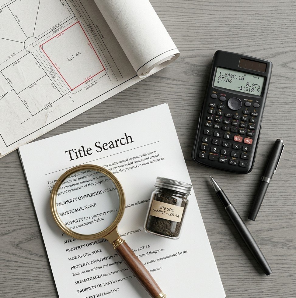 Land survey map and title search document illustrating what to check before buying land