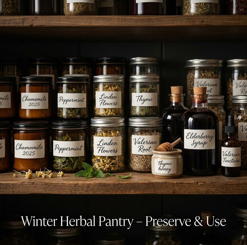 Glass jars of dried winter herbs (chamomile, peppermint, linden, thyme, valerian) with elderberry syrup and honey on a wooden pantry shelf