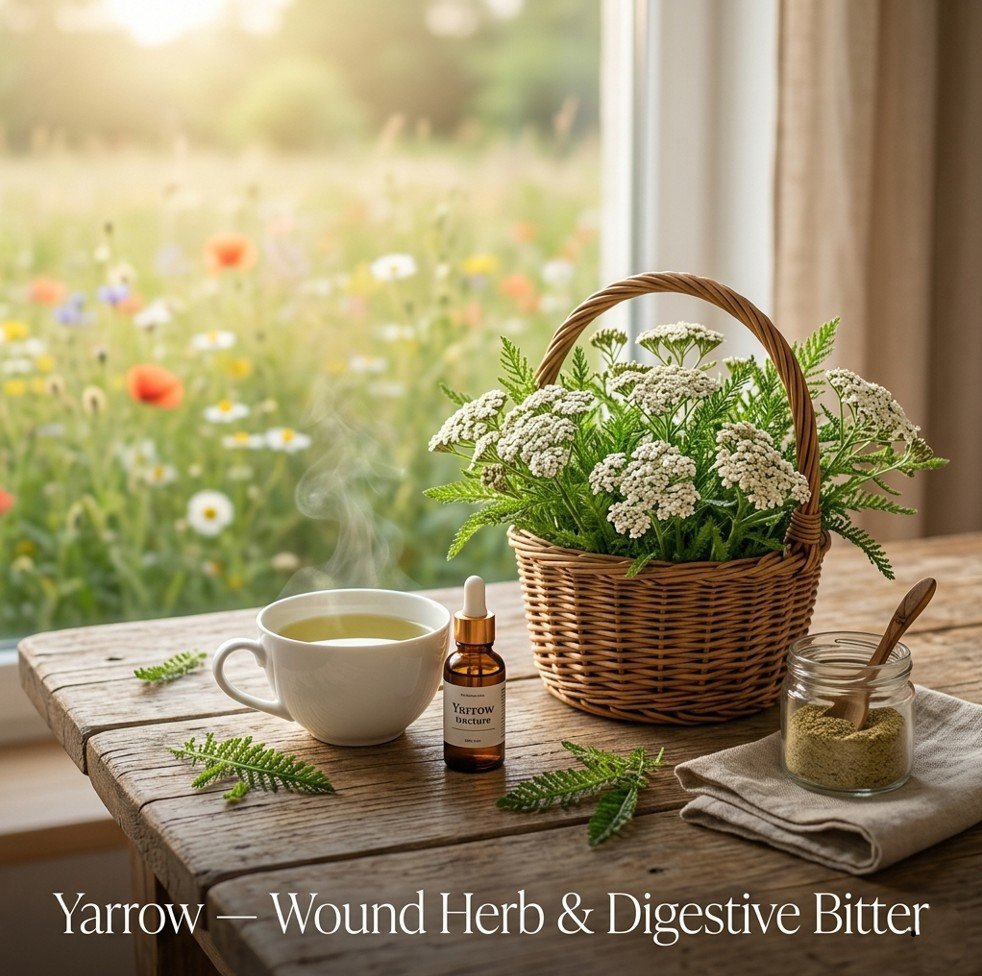 Fresh yarrow flowering tops, yarrow tea, tincture, and dried powder for medicinal uses