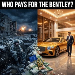 Yermak corruption scandal Ukraine — soldier in trench vs. Bentley showroom, wartime luxury imports