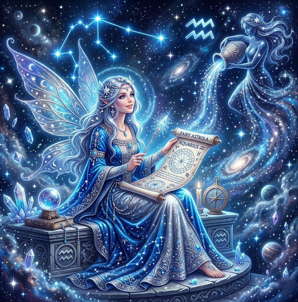 Fairy Astrola Aquarius horoscope June 2026 — cosmic illustration with water bearer zodiac symbol and stars