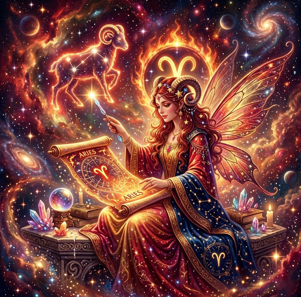 Fairy Astrola Aries horoscope June 2026 — cosmic illustration with ram zodiac symbol and stars