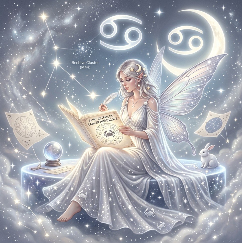 Fairy Astrola Cancer horoscope June 2026 — cosmic illustration with crab zodiac symbol and stars