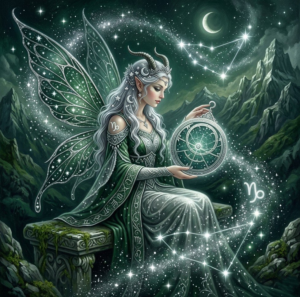 Fairy Astrola Capricorn horoscope June 2026 — cosmic illustration with sea-goat zodiac symbol and stars