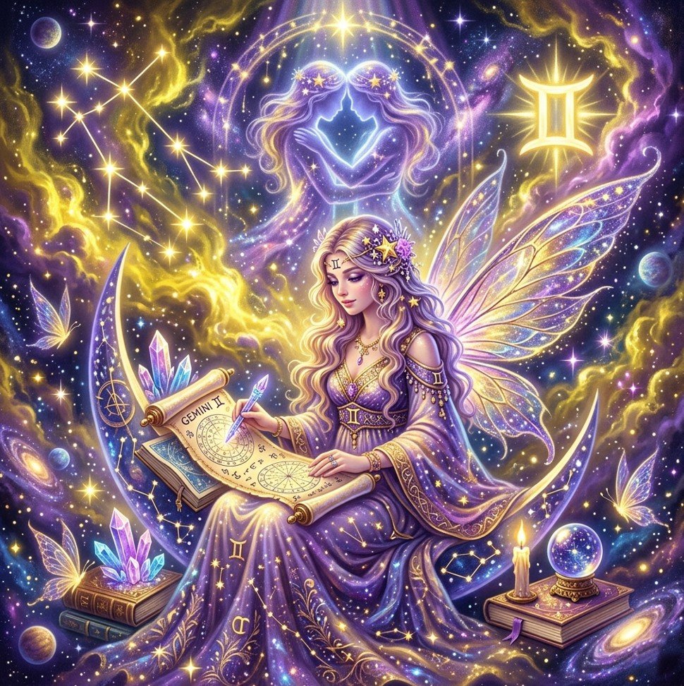 Fairy Astrola Gemini horoscope June 2026 — cosmic illustration with twins zodiac symbol and stars