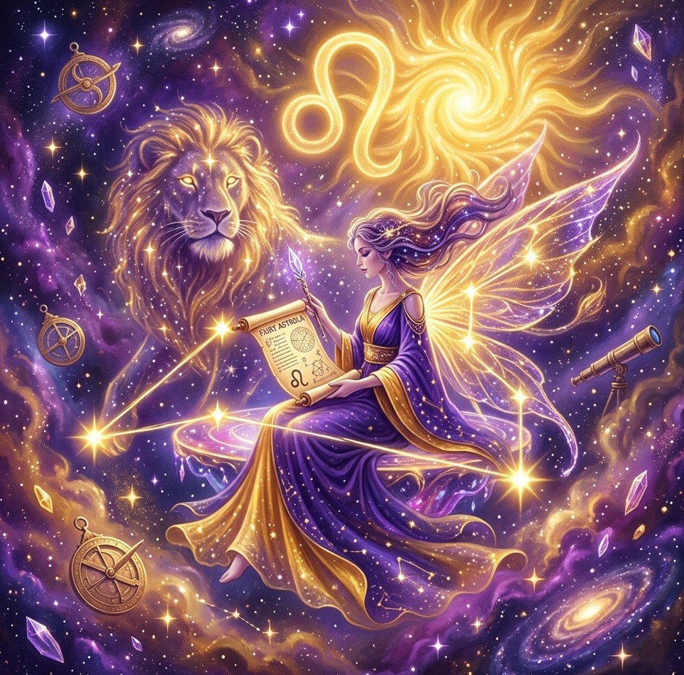 Fairy Astrola Leo horoscope June 2026 — cosmic illustration with lion zodiac symbol and golden stars