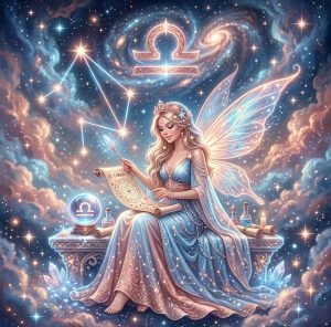 Fairy Astrola Libra horoscope June 2026 — cosmic illustration with scales zodiac symbol and stars