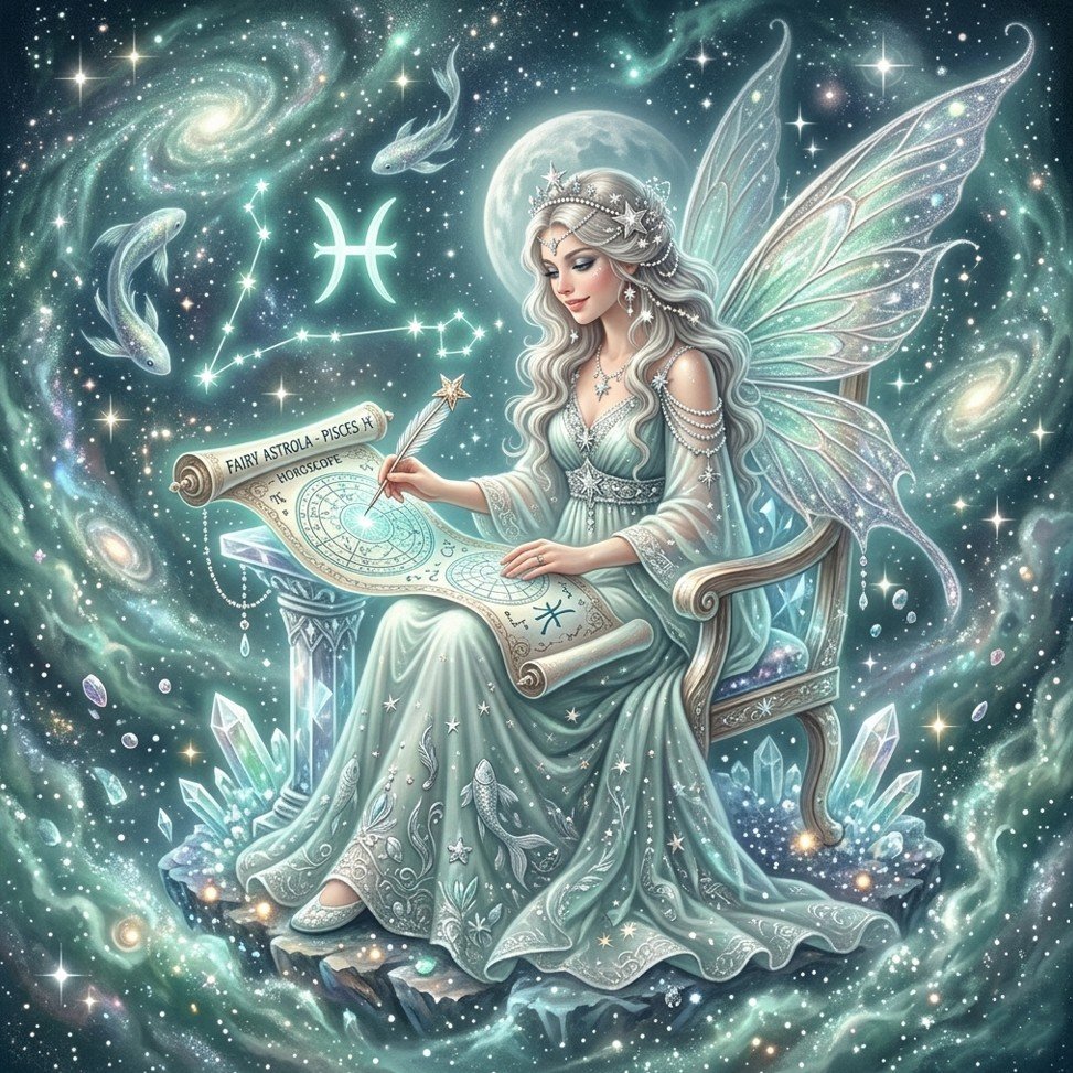 Fairy Astrola Pisces horoscope June 2026 — cosmic illustration with two fish zodiac symbol and stars