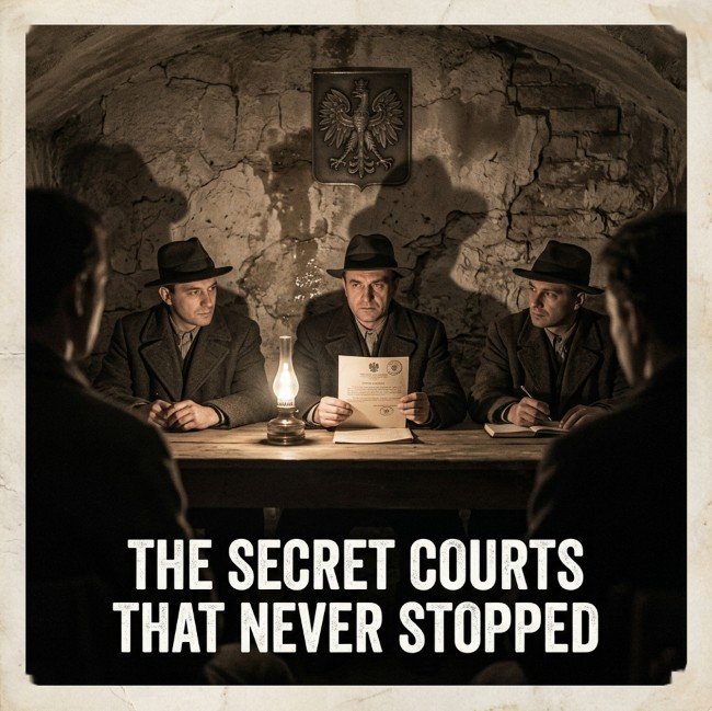 "Polish Underground State secret court session occupied Warsaw 1943 — judges issuing verdict by lamplight"