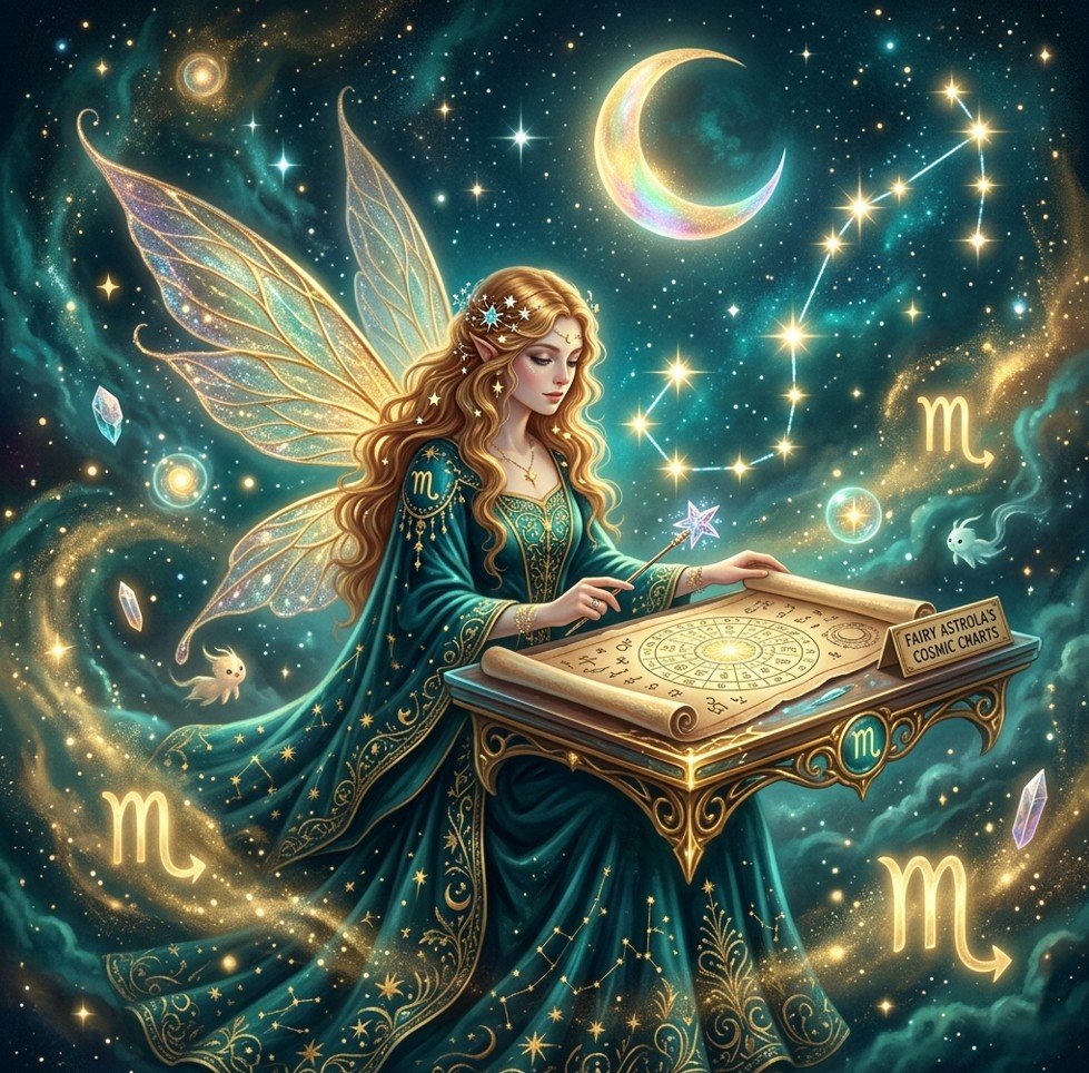 Fairy Astrola Scorpio horoscope June 2026 — cosmic illustration with scorpion zodiac symbol and stars
