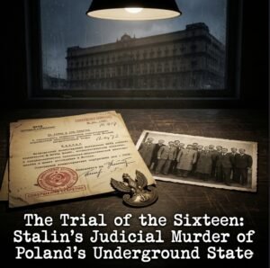 Photorealistic historical composition depicting the Trial of the Sixteen — NKVD documents, Lubyanka prison, Polish Underground State leaders, Soviet betrayal 1945