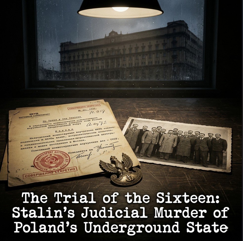 Photorealistic historical composition depicting the Trial of the Sixteen — NKVD documents, Lubyanka prison, Polish Underground State leaders, Soviet betrayal 1945