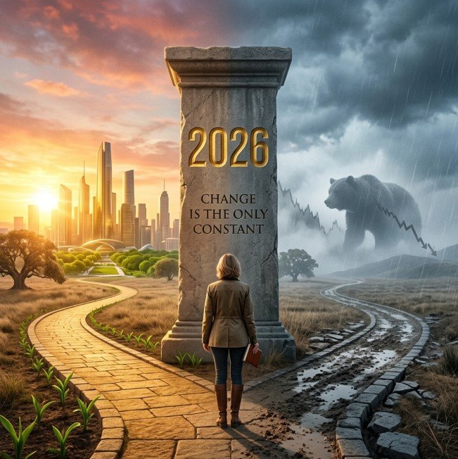 Stone pillar with 2026 carved in gold, lonely investor at base looking at two diverging paths – sunny cityscape on left, stormy bear market on right.