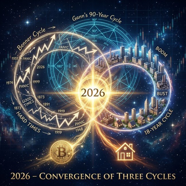 Three converging market cycles meeting at 2026 with Bitcoin and real estate symbols branching out below on navy blue background.