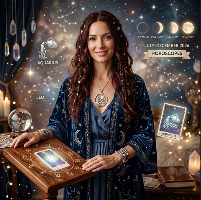 Fairy Astrola Aquarius half-year horoscope July–December 2026 — cosmic illustration with zodiac symbol and stars