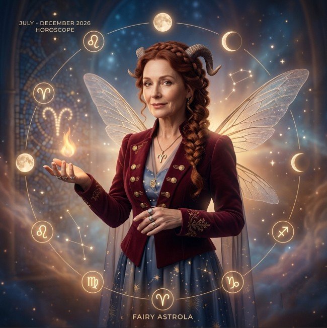Fairy Astrola Aries half-year horoscope July–December 2026 — cosmic illustration with zodiac symbol and stars