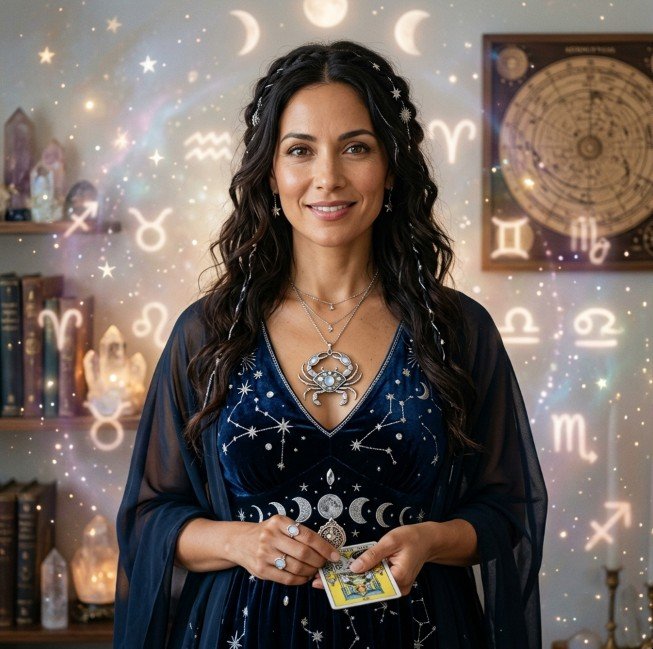 Fairy Astrola Cancer half-year horoscope July–December 2026 — cosmic illustration with zodiac symbol and stars
