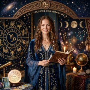 Fairy Astrola Capricorn half-year horoscope July–December 2026 — cosmic illustration with zodiac symbol and stars