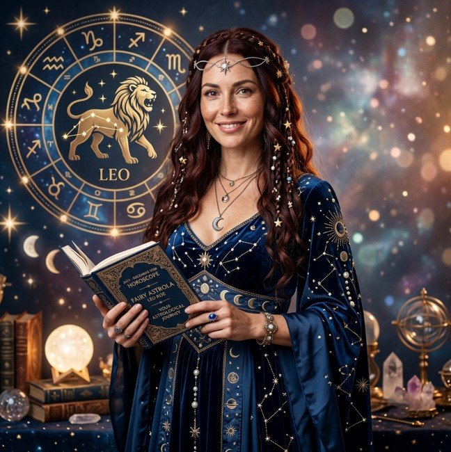 Fairy Astrola Leo half-year horoscope July–December 2026 — cosmic illustration with zodiac symbol and stars