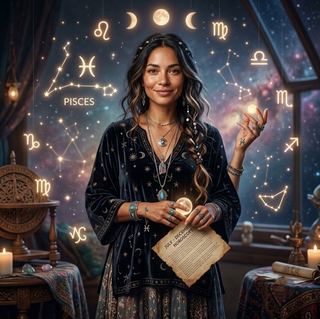Fairy Astrola Pisces half-year horoscope July–December 2026 — cosmic illustration with zodiac symbol and stars