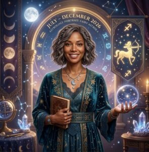 Fairy Astrola Sagittarius half-year horoscope July–December 2026 — cosmic illustration with zodiac symbol and stars