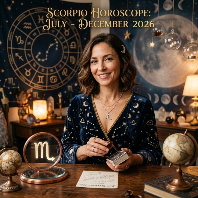 Fairy Astrola Scorpio half-year horoscope July–December 2026 — cosmic illustration with zodiac symbol and stars