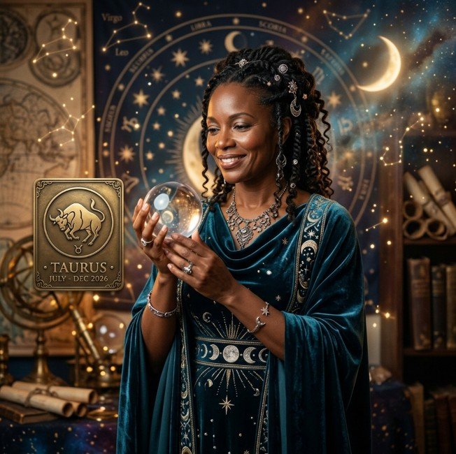 Fairy Astrola Taurus half-year horoscope July–December 2026 — cosmic illustration with zodiac symbol and stars