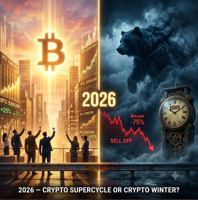 Split screen showing euphoric Bitcoin rise on left and bear market with falling charts and clock showing 2032 on right, connected by 2026.