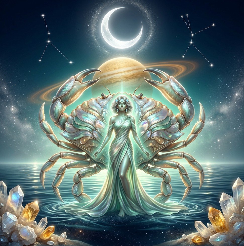 Fairy Astrola Cancer horoscope July 2026 — cosmic illustration with zodiac symbol and stars