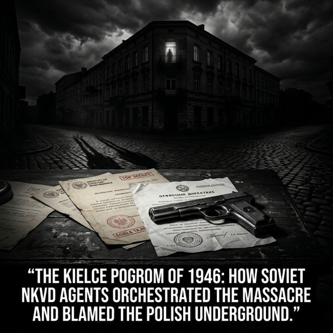 Faded IPN documents and a Soviet TT-33 pistol symbolizing the NKVD provocation behind the Kielce pogrom of 1946