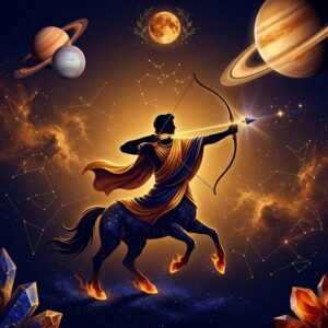 Fairy Astrola Sagittarius horoscope July 2026 — cosmic illustration with zodiac symbol and stars